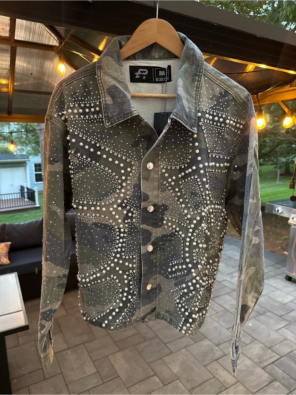PR★ Camo Rhinestone Pearl Embellished Denim Jacket M NWT